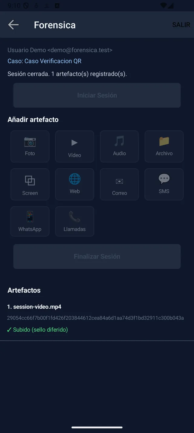 App móvil (Android) — sesión cerrada con artefacto ya certificado.