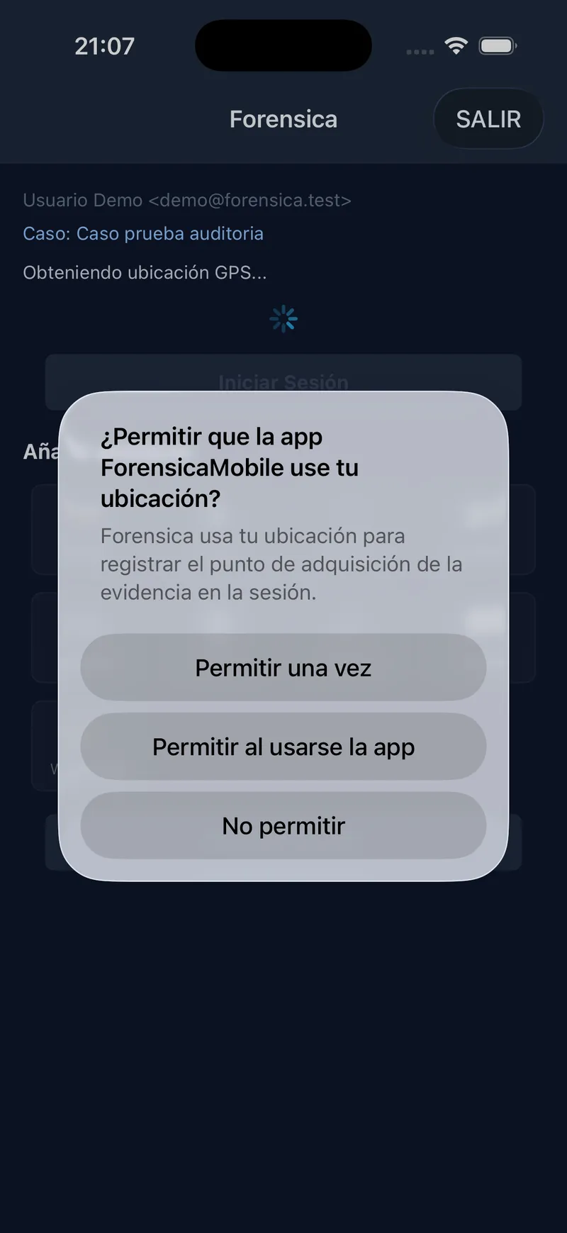 App móvil Forensica solicitando el permiso de GPS al iniciar una sesión de adquisición