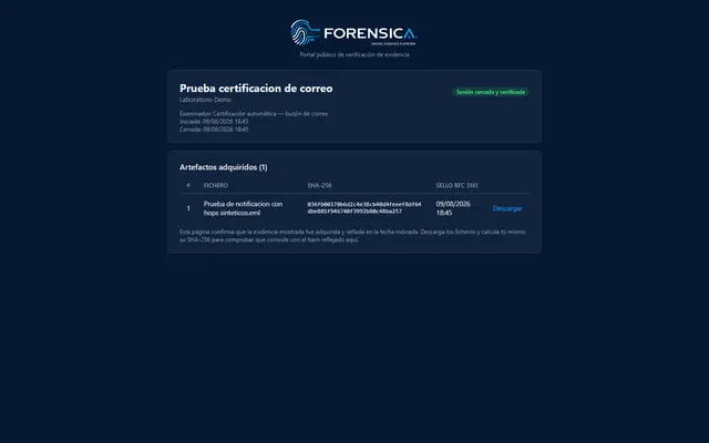 Verificación de una sesión: hash, sello y descarga.